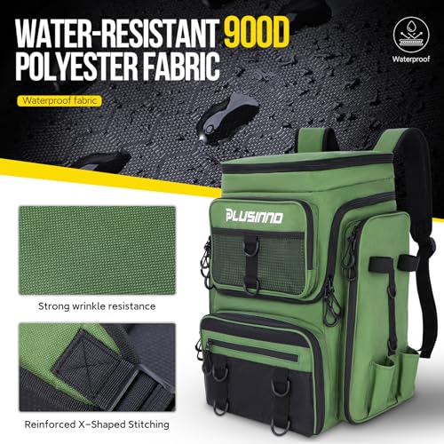PLUSINNO Fishing Backpack with Rod Holders 4 Tackle Boxes, 42L Large Water-Resistant Fish Tackle Bag Store Fishing Gear, Camping, Hiking Gifts for Men Father, Green - color: Green