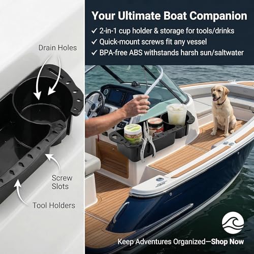 Boat Tool Holder & Cup Caddy 1-Pack | Multifunctional storage for pliers, knives, bait & drinks. Fits kayaks, bass boats, pontoons & jon boats. With drainage holes