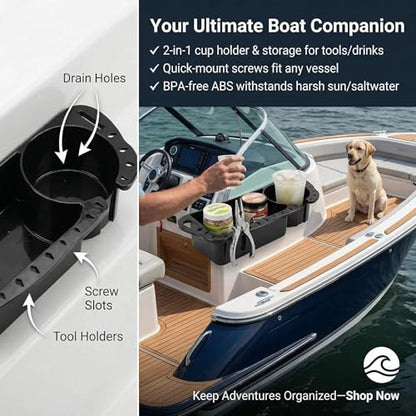 Boat Tool Holder & Cup Caddy 1-Pack | Multifunctional storage for pliers, knives, bait & drinks. Fits kayaks, bass boats, pontoons & jon boats. With drainage holes