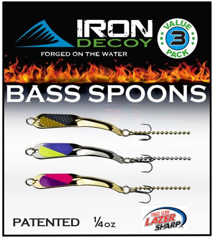 IRON DECOY Spoon Fishing Lures 3-Pack, Multi-Species Metal Spoons for Trout, Walleye, Bass, Salmon, Pike, Ice Fishing & Trolling, Vibrating Spoon Lure Kit - color: Bass #1, 1/4 oz