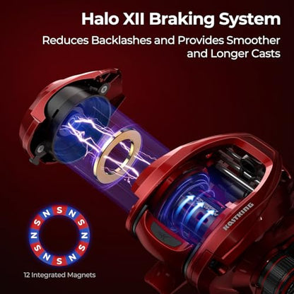 KastKing Royale Legend Glory Baitcasting Fishing Reel, Halo XII Magnetic Braking System Baitcaster Reel, 16 lbs of Smooth Drag, 8.0:1 High-Speed Gear Ratio, DTCC Line Guide, Palm Perfect Design