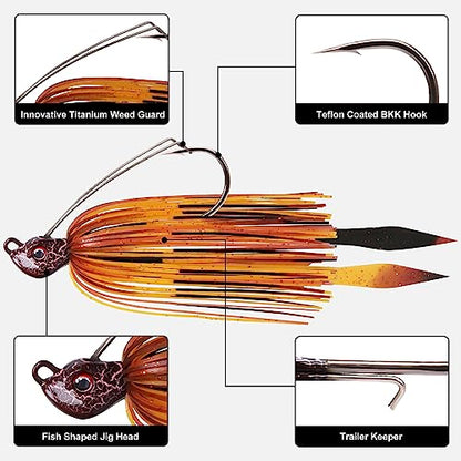 TRUSCEND Jigs Fishing Lures with Ultra Smooth Teflon Hook, Tour Grade Titanium Weed Guard Swim Jigs, Valuable Weedless Skirted Jig, Well-Made Lures for Crappie Bass Trout, Freshwater Fishing Gear - color: A-1/4oz