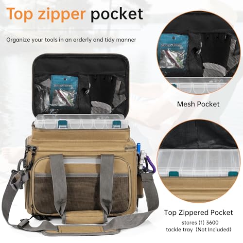 Fishing Tackle Bag - Holds 3400-3600 Size Tackle Boxes -Saltwater & Freshwater Fishing Bags - Padded Shoulder Strap Fishing Bags (Kahki) (Bag Only) - color: Kahki, style: Bag Only