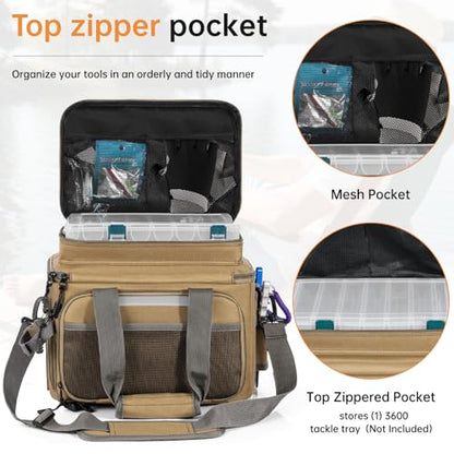 Fishing Tackle Bag - Holds 3400-3600 Size Tackle Boxes -Saltwater & Freshwater Fishing Bags - Padded Shoulder Strap Fishing Bags (Kahki) (Bag Only) - color: Kahki, style: Bag Only