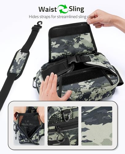 CVLIFE Fishing Tackle Bag Waist Pack with Rod Holder, Water Resistant Fanny Pack Includes 3600 Tackle Box, Waterproof Pouch & Carabiners, Convertible Sling Bag with Net Holster for Gear - color: Tactical Camo