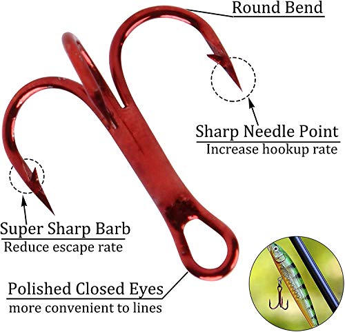 Fishing Treble Hooks Kit, Sharp Replacement Treble Hooks for Lures Baits, High Carbon Steel Fishing Hooks with Stainless Steel Split Rings Set for Bass Trout Walleye Pike - color: Red+Black_100pcs