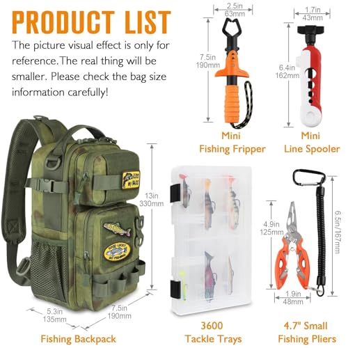 Dovesun Small Fishing Backpack Fishing Sling Bag with 3600 Tackle Box Small Tackle Backpack with Tool Set Green - color: B: Fishing Tackle Backpack With Tool Set(green)
