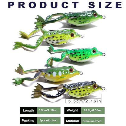 Topwater Frog Lures – 5 Pack Hollow Body Weedless Bass Bait with Heavy-Duty Hooks for Lily Pads, Heavy Cover, Pike & Snakehead – Tackle Box Included