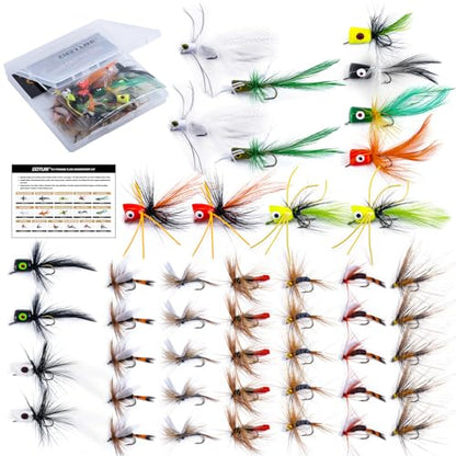 Goture Fly Fishing Poppers Lures, Topwater Popper Flies Bugs Lure, Fly Fish Poppers Fishing Lures Kit, Dry Flies for Panfish Bluegill Crappie Sunfish Bass Trout Salmon - color: B1:46pcs Flies