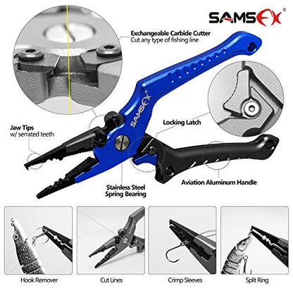 SAMSFX Aluminum Fishing Pliers Hook Remover Braid Line Cutter with Coiled Lanyard, Fly Fishing Knot Tying Tool & Retractors - color: Gray & Blue Handle-7'' Split Ring Nose
