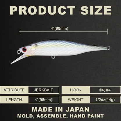LUCKY CRAFT Lightning Pointer 98XR, Freshwater Bass Fishing Lures and Walleye Fishing Lures, 4" Slow Sinking Jerkbait, 6-7ft Depth, Largemouth Smallmouth, Tournament Fishing Gear - color: 183 Pearl Threadfin Shad
