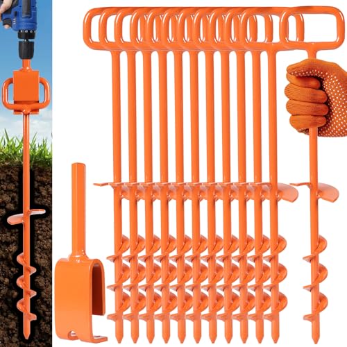 16In Tent Stakes, Ground Anchors Screw in, with Heavy Duty Adapter | for Screw Ground Anchors, Tree Straightening Kit, Anchors Tent, Mobile Home Anchors, camping and outdoor securing - color: Orange, size: 12PCS