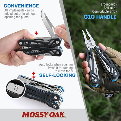 MOSSY OAK Multitool, 21-in-1 Stainless Steel Pocket Knife with G10 Handle, Screwdriver Sleeve, Self-locking Pliers with Sheath-Perfect for Outdoor, Survival, Camping, Hiking, Simple Repair - color: 21-in-1, Black
