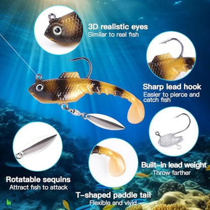 RYACO Soft Fishing Lures, Pre-Rigged Jig Soft Plastic Fishing Lures with Reflective Spinner, Paddle Tail Swimbaits for Bass Trout Walleye Crappie Fishing Jigs, 5PCS