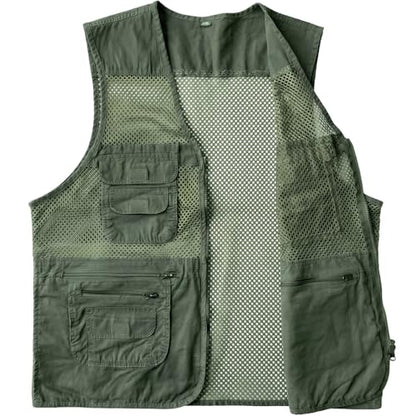 Men's Fishing Vest Multi-Pockets Unisex Mesh Utility Summer Vest for Hiking, Travel, Safari Waistcoat Jacket - color: Green, size: 3X-Large