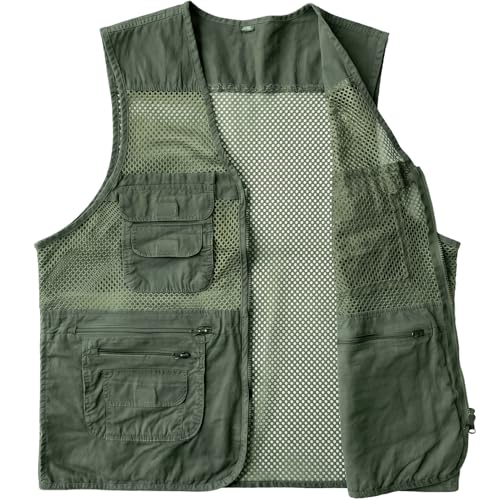 Men's Fishing Vest Multi-Pockets Unisex Mesh Utility Summer Vest for Hiking, Travel, Safari Waistcoat Jacket - color: Green, size: Small