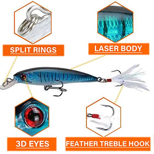 Minnow Fishing Lures Hard Bait Life-Like Swimbait Bass Crankbait 3D Fishing Eyes Treble Hooks Flasher Feathers for Bass Trout Walleye Redfish Saltwater Freshwater