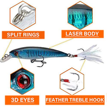 Minnow Fishing Lures Hard Bait Life-Like Swimbait Bass Crankbait 3D Fishing Eyes Treble Hooks Flasher Feathers for Bass Trout Walleye Redfish Saltwater Freshwater