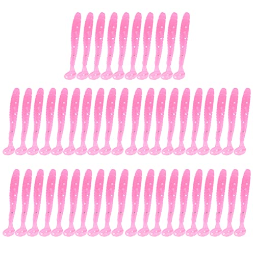 50PCS Fishing Lures Bass Worm Bait, 5cm Soft Plastic Fishing Lures T Tail Grub Worm Baits Fish Tackle Accessory - color: Pink