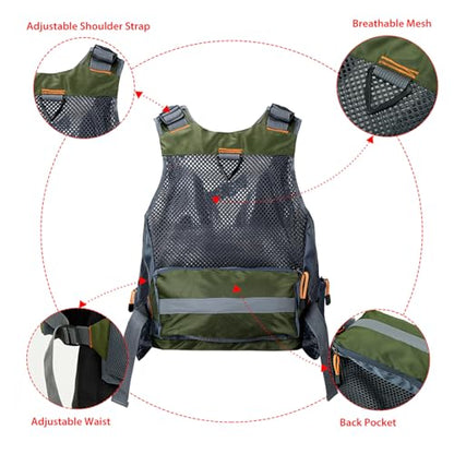 Obcursco Fly Fishing Vest for Men and Women with Breathable Mesh, Trout Fishing Gear, for Outdoors Stream Fishing - color: Army Green