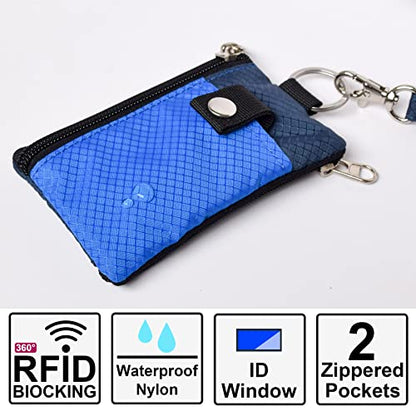CHENSPRX Minimalist RFID Blocking Small Wallet with ID Window,WaterResistant Zip Id Case Wallet with Lanyard Keychain for Cards,Cash,Travel,Women,Men - color: Blue+Navy
