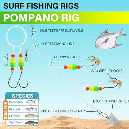 Alwonder 5-Pack Pompano Rigs Surf Fishing Rigs with Snell Floats, Saltwater Live Bait Rig Swivels Duo Lock Snaps Circle Wide Gap Kahle Hooks Rig for Beach Surf Casting Pier Jetty Fishing - color: Green & Yellow 5-Pack, size: #2/0 Circle Hook