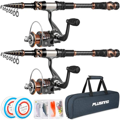 PLUSINNO Fishing Rod and Reel Combos - Carbon Fiber Telescopic Fishing Pole - Spinning Reel 12 +1 Shielded Bearings Stainless Steel BB - color: X-2PACK Full Kit with Carrier Case, size: 1.8M 5.91FT