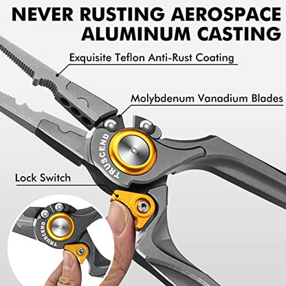 TRUSCEND Easy Use Lockable Fishing Pliers with Tungsten Carbide Cutter, Innovative Ergonomic Handy Handle, Saltwater Corrosion Resistant Teflon Coated Fishing Tool, Light Multi-Function Fishing Gear - color: D-gray