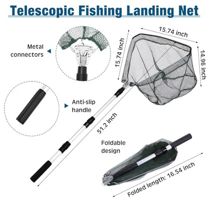 6 Pcs Fishing Net Trap Portable Folded, Crab Trap Minnow Trap, Fishing Landing Net with Telescoping Pole Handle, Casting Net Bait Trap with Heavy Duty Sinker and Storage Bucket
