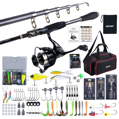 GOTURE Telescopic Fishing Rod and Reel Combos, Carbon Fiber Travel Fishing Pole, 9+1 BB Spinning Reel, Saltwater Freshwater Fishing Gear Kit with Braided Line, Lures, Carrier Bag for Bass Trout - color: 1 Rod & 1 Reel Spinning Fishing Combo - Oxford Soft