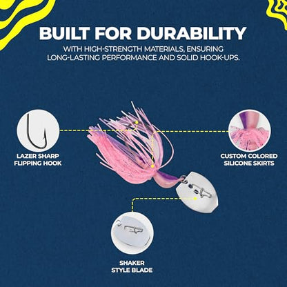 Sidewinder Bladed Jigs for Bass Fishing 1/2 Oz and 3/8 Oz | 2 and 5 - Pack | Fishing lures with 5/0 bladed jig head, vibrating shaker blade, low-column action, lifelike baitfish profile & skirt colors - size: 3/8 oz Pinkalicious ( Pack of 2 )