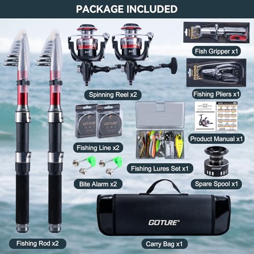 Goture Fishing Rod and Reel Combos-2PCS 2.4M Telescopic Fishing Pole+2PCS Spinning Reels with Carrier Bag,Telescopic Rod Reel Kit for Starter Travel Saltwater Freshwater,Gifts for Men