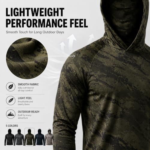 5 Pack Men's Camouflage Long Sleeve Hooded Shirt with Balaclava Face Mask,Sun Protection Fishing Hunting Rash Guard
