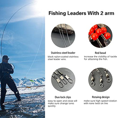YOTO Fishing Leaders,Stainless Steel Tackle Rig with Tackle Lure Swivels Snaps, Saltwater rig Wire Leader Fishing Leader Wire Bottom rigs for Saltwater - color: Black Fishing Leaders, style: 2arm-12pcs