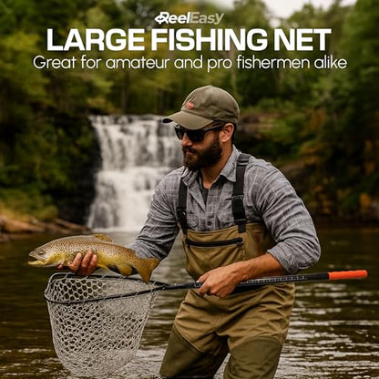 Large Fishing Net with Extendable Telescopic Handle – Foldable, Lightweight Landing Net with Built-in Size Measurement – for Freshwater, Saltwater, and Beach Fishing
