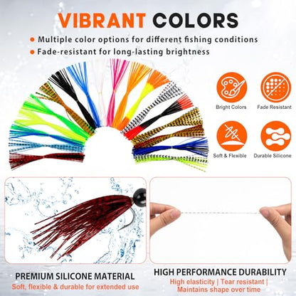 Thiccywoov 18 Silicone Skirt Legs Material for Fly Tying, 2 Pack Skirt Threader Tools, Pre-Sorted Rubber Jig Skirts in Easy-use Bundles for Jig Spinnerbait Fishing Lures Fuzzy Dice Style Bass Baits