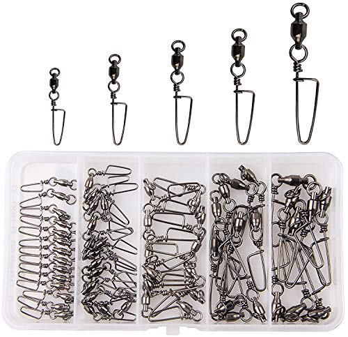AGOOL Ball Bearing Fishing Swivel with Coastlock Snap Kit - 60pcs Stainless Steel Welded Ring Barrel Swivels Fish Line Connector Saltwater Fishing High Strength 8 to 440Lb Copper with Nickle Coated