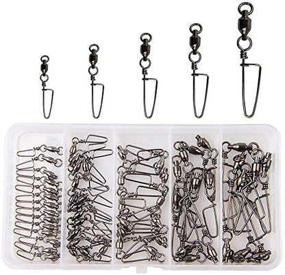 AGOOL Ball Bearing Fishing Swivel with Coastlock Snap Kit - 60pcs Stainless Steel Welded Ring Barrel Swivels Fish Line Connector Saltwater Fishing High Strength 8 to 440Lb Copper with Nickle Coated