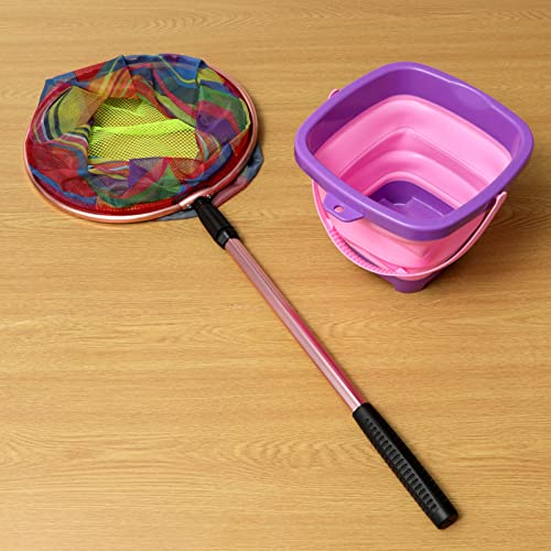 Kids Fishing Net - Telescopic Landing Net with Aluminum Pole Handle, Collapsible Bucket Sand Pail, Butterfly Net for Outdoor Play - color: Pink