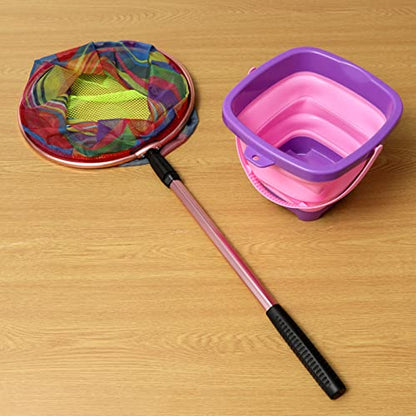 Kids Fishing Net - Telescopic Landing Net with Aluminum Pole Handle, Collapsible Bucket Sand Pail, Butterfly Net for Outdoor Play - color: Pink