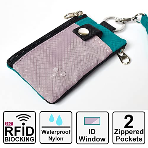CHENSPRX Minimalist RFID Blocking Small Wallet with ID Window,WaterResistant Zip Id Case Wallet with Lanyard Keychain for Cards,Cash,Travel,Women,Men - color: LightPurple+Turquoise