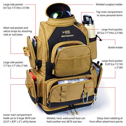 BASSDASH Fishing Tackle Backpack Water Resistant Tactical Bag Soft Tackle Box with Rod Holder and Protective Rain Cover - color: British Khaki Backpack [3670] With 4 Trays
