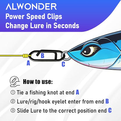 Alwonder 50-Pack Fishing Stealth Power Speed Clips, High Strength Stainless Steel Speed Clips for Fishing Lures Quick Change, Freshwater Saltwater Crankbait Popper Lures Quick Snap Connector - size: 75LB-0.78IN