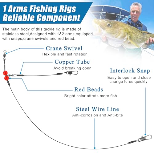 Fishing Leaders Saltwater Fishing Rigs Fishing Wire Leaders with Swivels Snaps High-Strength Fishing Leader Line Rig Bottom Rig Nylon Steel Sea Surf Fishing Rigs Tackle 1Arm 2Arms - color: Black Stainless Steel, style: 1 Arm, 12pcs