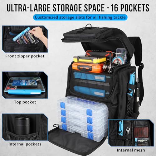 PLUSINNO Fishing Tackle Backpack with Rod Holders，42L Water-resistant Fishing Bag Store Fishing Gear,Fish Gifts For Men. - color: Black With Tackle Boxes