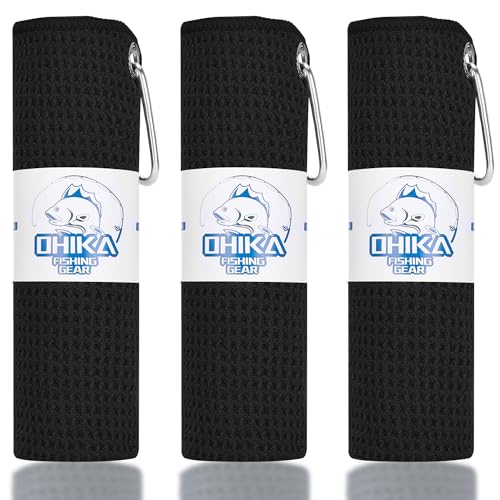 Microfiber Fishing Towels with Clip, Waffle Pattern for Effective Cleaning of Fishing Gears or Dirty Hands, 16” x 16”, Camping Towels, Hiking Towels, Pack of 3 (Black) - color: Black
