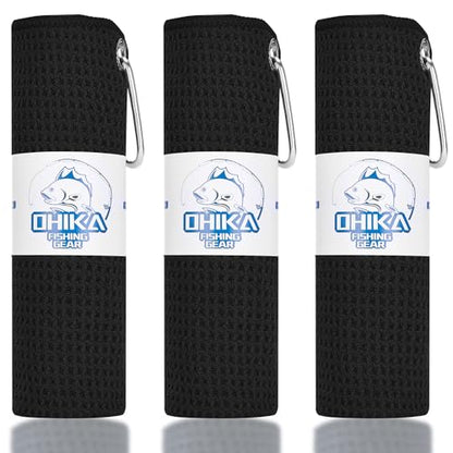 Microfiber Fishing Towels with Clip, Waffle Pattern for Effective Cleaning of Fishing Gears or Dirty Hands, 16” x 16”, Camping Towels, Hiking Towels, Pack of 3 (Black) - color: Black