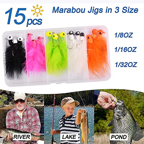 Fishing Jig Heads Crappie Jigs, 25pcs Marabou Jigs Lures Round Ball Head Jig Hooks Hair Jig Feather Fishing Lures for Bass Sunfish Trout Walleye Panfish 1/8oz 1/16oz 1/32oz - size: 3 Sizes Mixed-15pcs