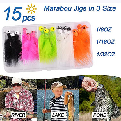 Fishing Jig Heads Crappie Jigs, 25pcs Marabou Jigs Lures Round Ball Head Jig Hooks Hair Jig Feather Fishing Lures for Bass Sunfish Trout Walleye Panfish 1/8oz 1/16oz 1/32oz - size: 3 Sizes Mixed-15pcs