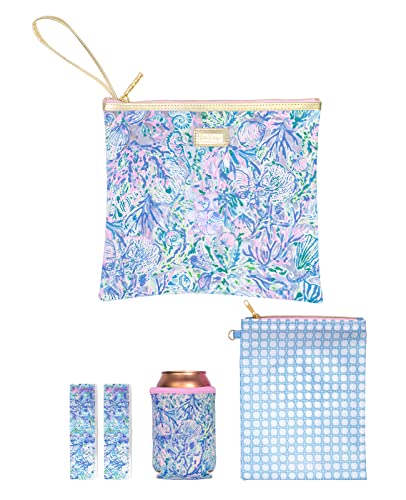 Lilly Pulitzer Water Resistant Vinyl Beach Day Pouch, Zipper Bag Includes Drink Hugger, Small Pouch, and Towel Clips - color: Soleil It On Me